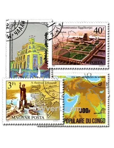 SEPT MERVEILLES DU MONDE : pochette de 25 timbres (Oblitérés)