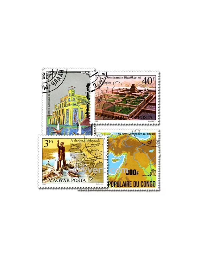 SEPT MERVEILLES DU MONDE : pochette de 25 timbres (Oblitérés)