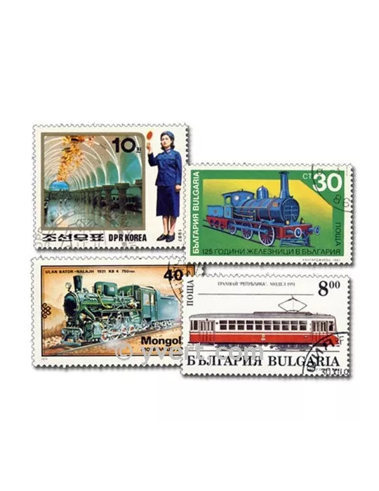 TRAINS : pochette de 200 timbres (Oblitérés)