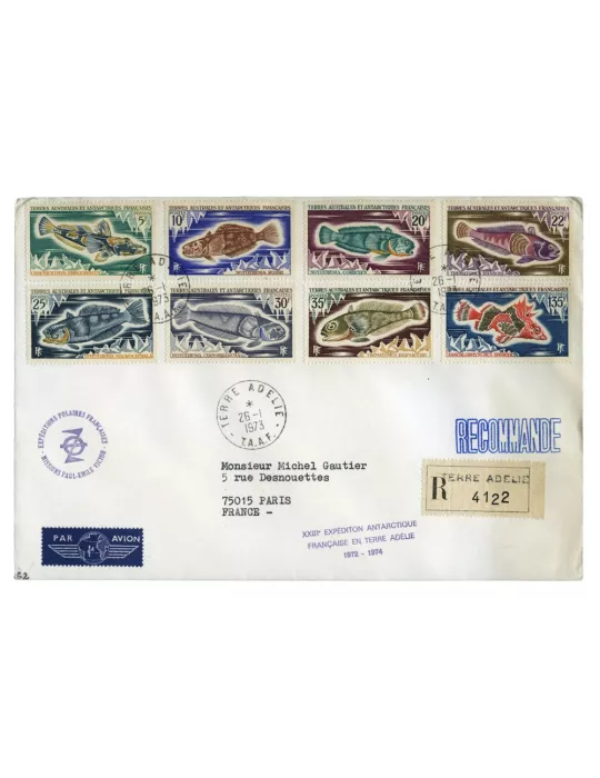 n° 34/38 et n° 43/45 obl. sur lettre - Timbre TAAF Poste