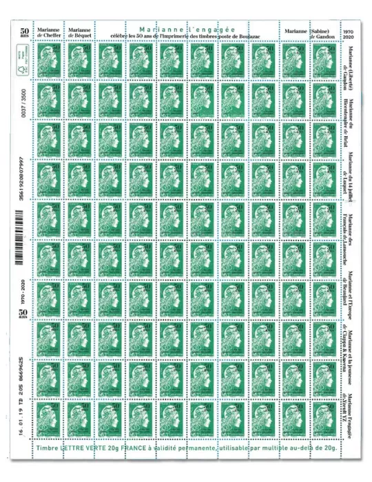 n° 5439 - Timbre France Poste (Feuille Marianne l’Engagée LV surchargée)