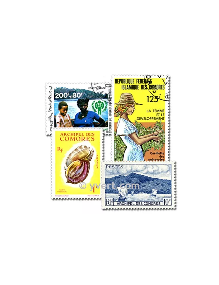 COMORES : pochette de 100 timbres (Oblitérés)
