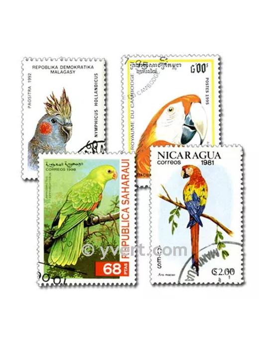 PERROQUETS : pochette de 50 timbres (Oblitérés)