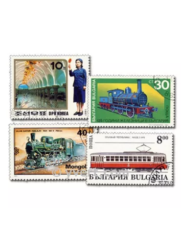 TRAINS : pochette de 100 timbres (Oblitérés)
