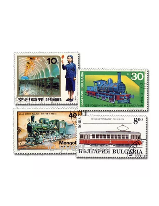 TRAINS : pochette de 100 timbres (Oblitérés)