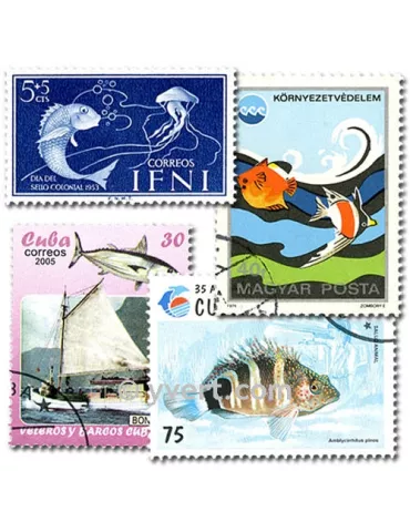 POISSONS : pochette de 300 timbres (Oblitérés)