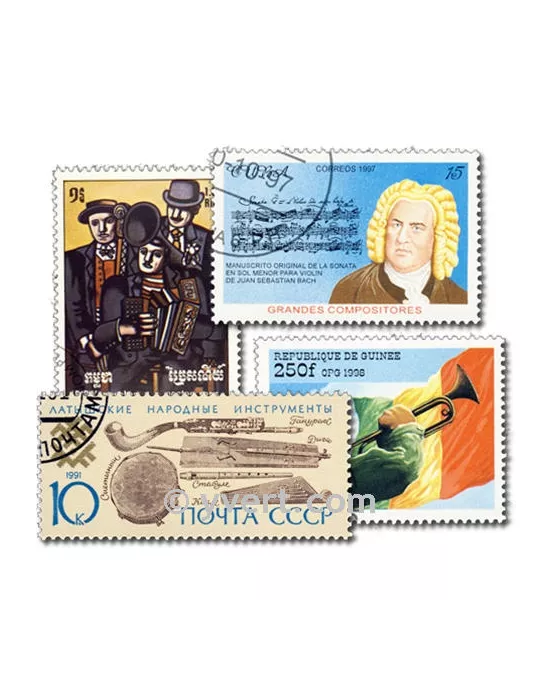 MUSIQUE & MUSICIENS : pochette de 100 timbres (Oblitérés)