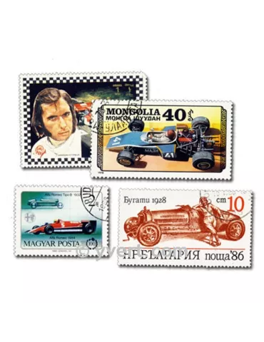 VOITURES DE COURSE : pochette de 50 timbres (Oblitérés)