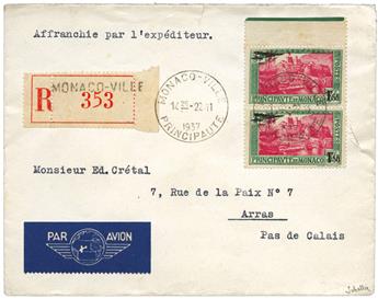 Monaco : PA n°1 en paire obl. MONACO-VILLE 22/11/37 sur pli Rec. pour Arras.