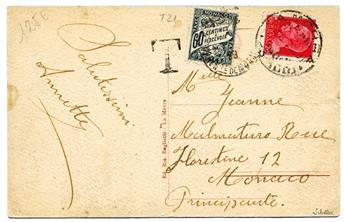 Italie : CP de LA MORRA adressée à Monaco et taxée à l´arrivée au moyen d´un timbre Taxe n°21, 60 c. de Monaco (1929).