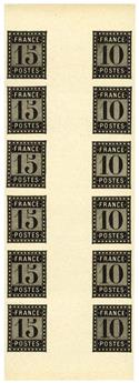France : Projets Privés. Essai de l´Imprimerie Nationale. Bloc de 6, paires horizontales interpanneau du 10 c. et 15 c.