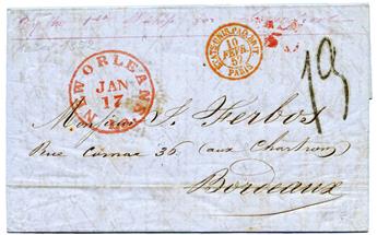 Etats-Unis : Lettre de la Nouvelle Orléans 17 janvier 1852 pour Bordeaux taxée à 13 et càd rouge d´entrée maritime ETATS-UNIS PAQ. BRIT./PARIS - 10/FEV./52