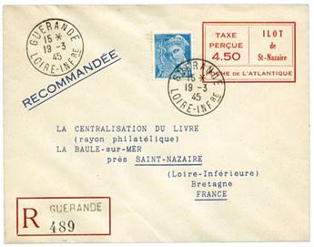France : Libération de St Nazaire Entier Postal 4f50 rouge TAXE PERÇUE + 50 c. Mercure obl. càd GUERANDE 19/3/45 en Rec. pour LA BAULE-S-MER