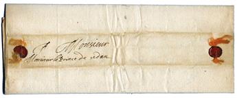 France : Lettre d´Henri de la Tour adressée à son frère Maurice de La Tour, Prince de Sedan, avec fils de soie roses et cachets de cire intacts (env. 1650)