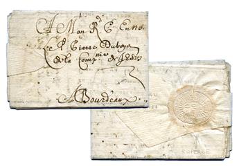 France : Lettre datée du 20 Mai 1641 de Pau pour Bordeaux avec fermeture Fer de Lance et cachet à sec