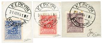 Corfou : 3 timbres grecs surchargés CORFU obl. KEPKYPA sur fragment (1941)