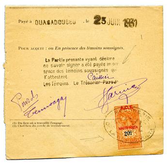 Haute-Volta : Reçu de paiement acquitté de OUAGADOUGOU le 23 Juin 1931 au moyen d´un timbre fiscal à 20 c. surchargé AOF/ HAUTE-VOLTA
